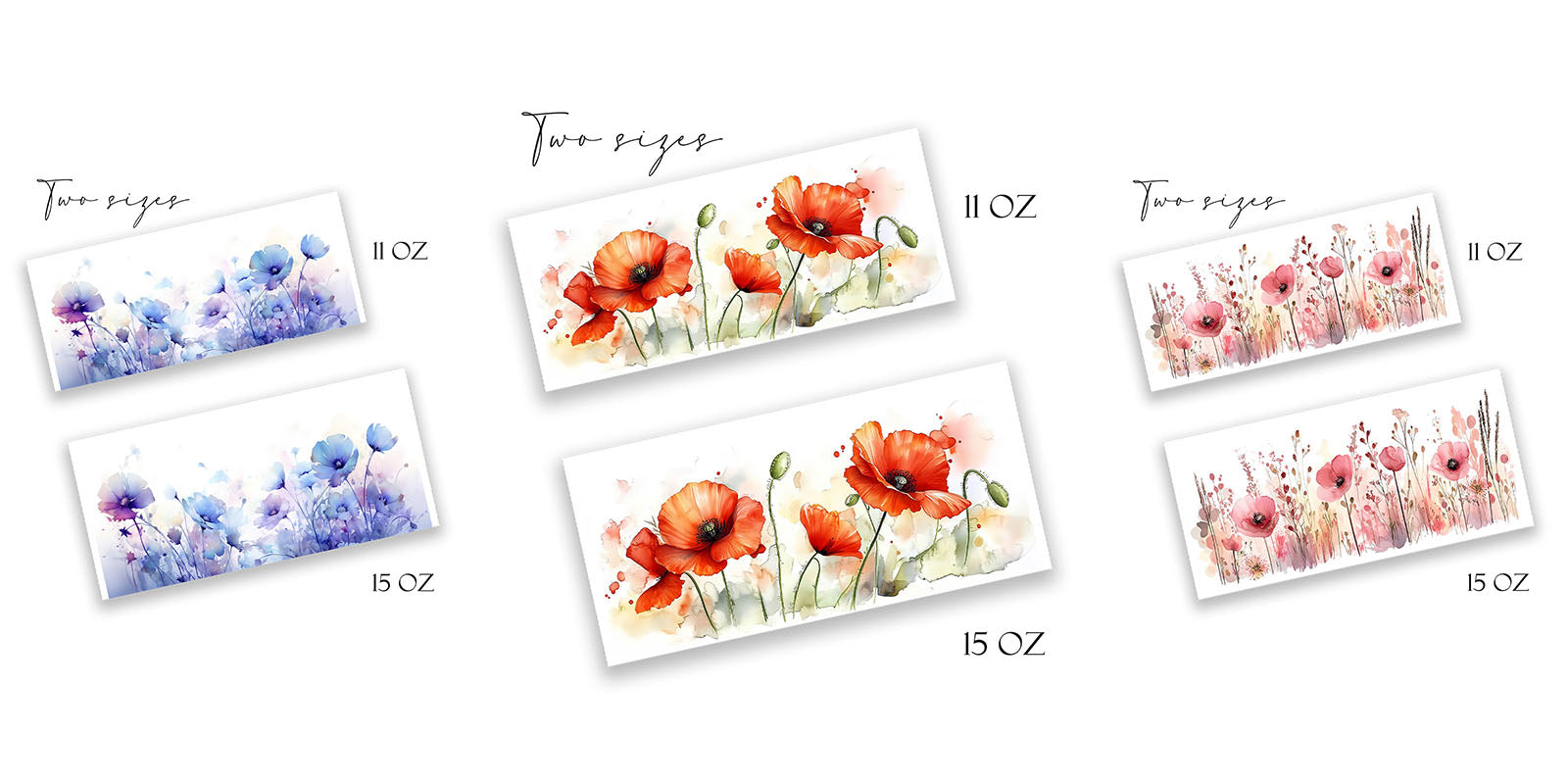 Aquarell Tassen Vorlagen für die Sublimation mit Blumen und Tiermotiven, für DIY Profis und Menschen die selber Tassen sublimieren möchten.