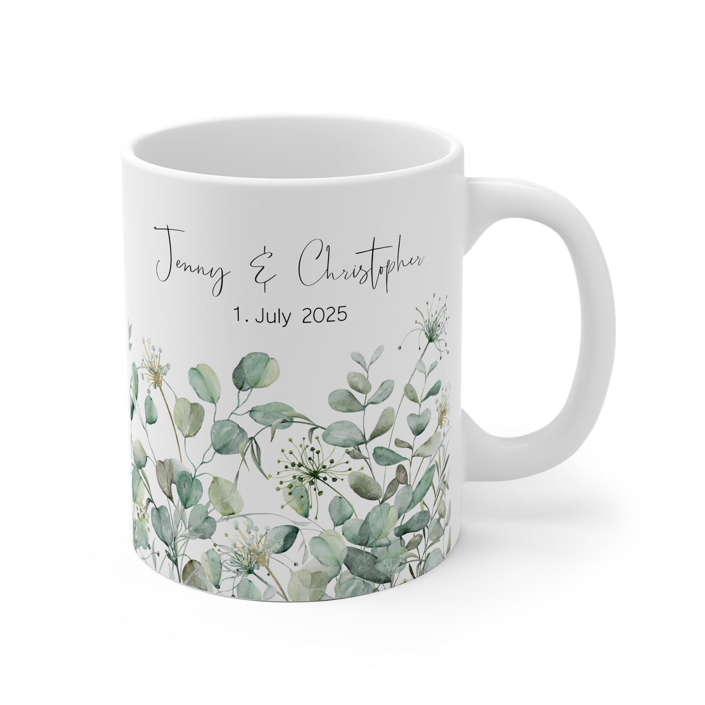Personalisierte Tasse zur Verlobung mit floralen Aquarellmotiven, Wunschname und Datum – Geschenkidee zum Antrag oder Verlobungsfeier