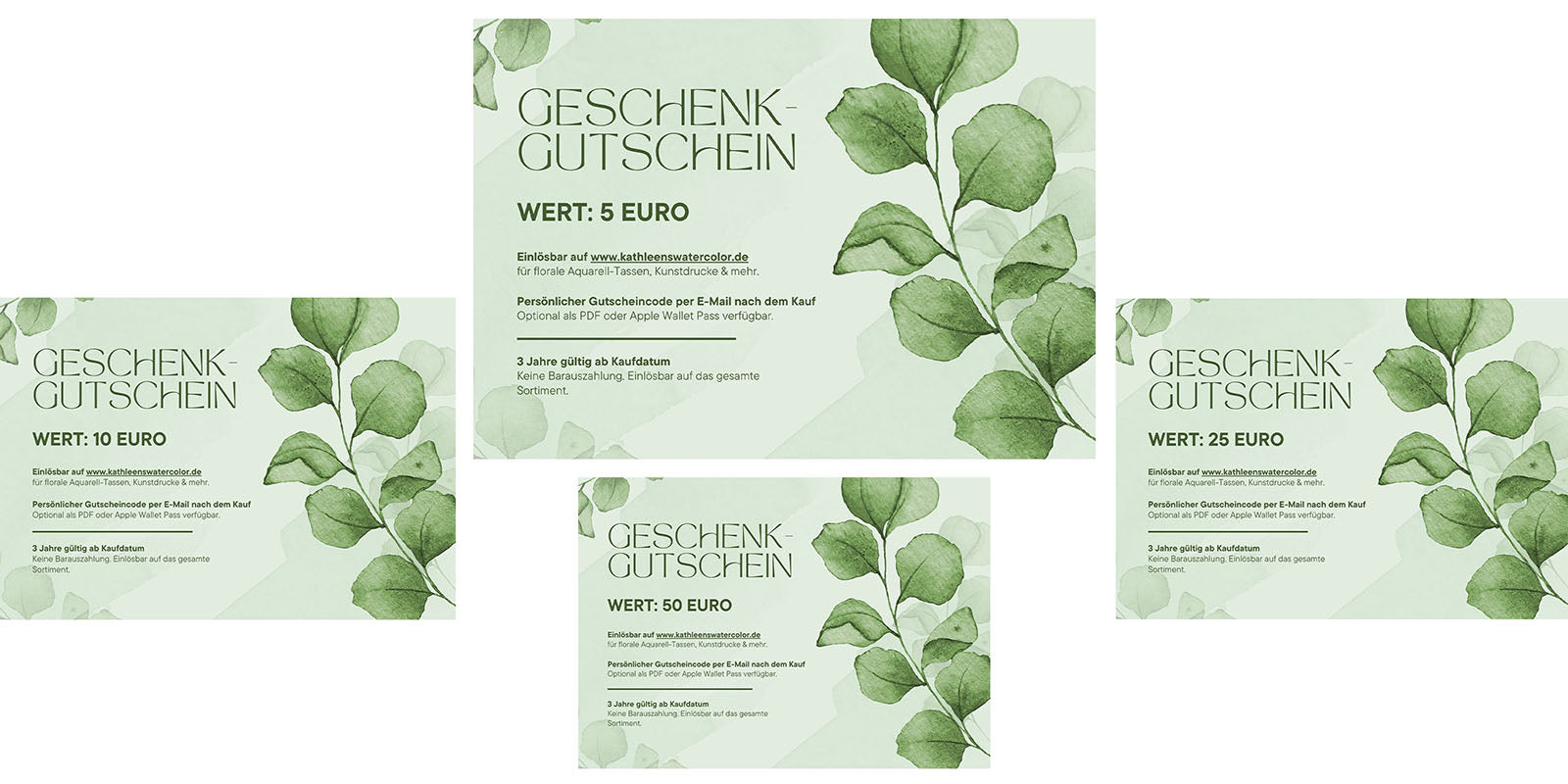 Geschenkidee - Geschenkgutscheine von 5-50 Euro - Einlösbar im kompletten Onlineshop www.kathleenswatercolor.de