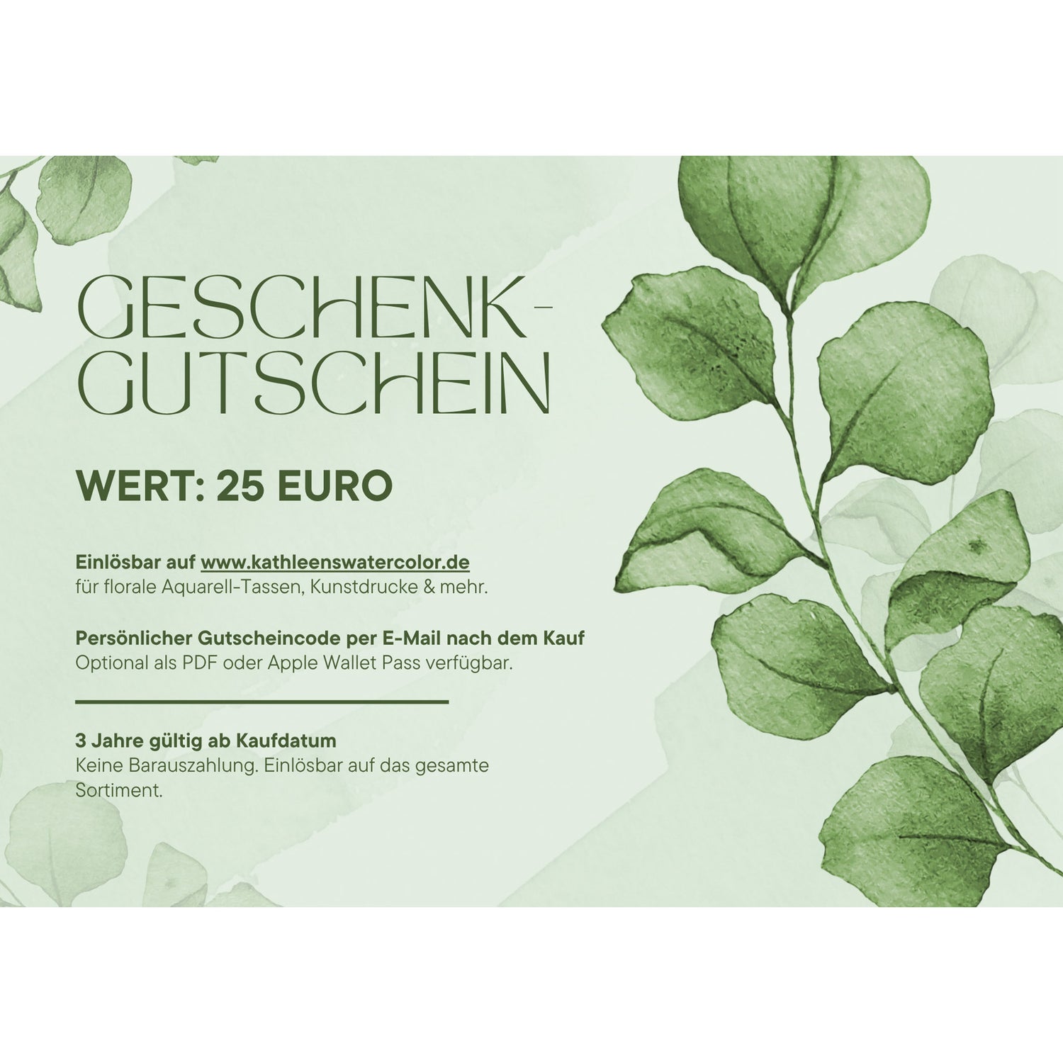 Digitaler Geschenkgutschein - mit Wert 25 Euro - für Aquarelltassen, Kunstdrucke und mehr – sofort per E-Mail versendet