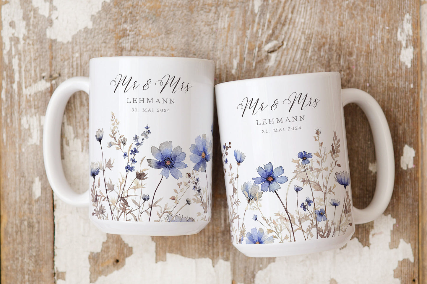 Blaue Wildblumen Hochzeitstasse mit Name – personalisierte Tasse zur Hochzeit oder Verlobung