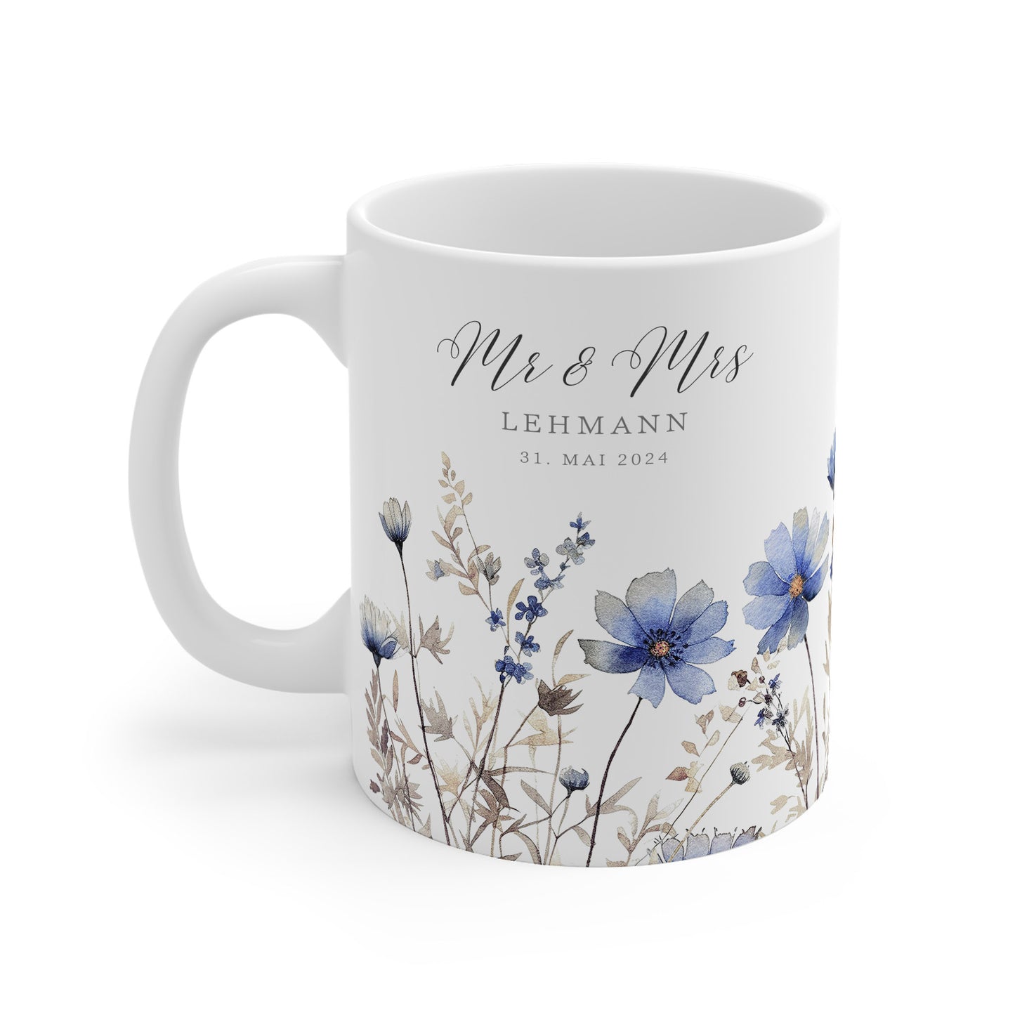 Blaue Wildblumen Hochzeitstasse mit Name – personalisierte Tasse zur Hochzeit oder Verlobung