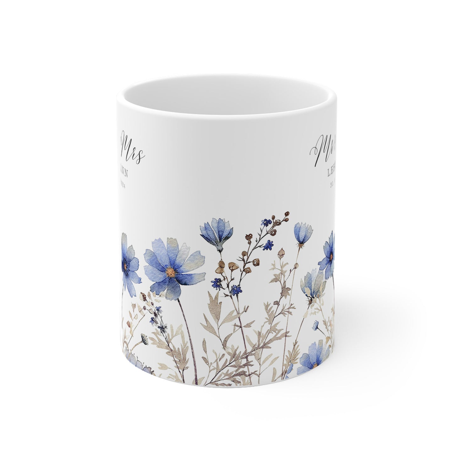 Blaue Wildblumen Hochzeitstasse mit Name – personalisierte Tasse zur Hochzeit oder Verlobung