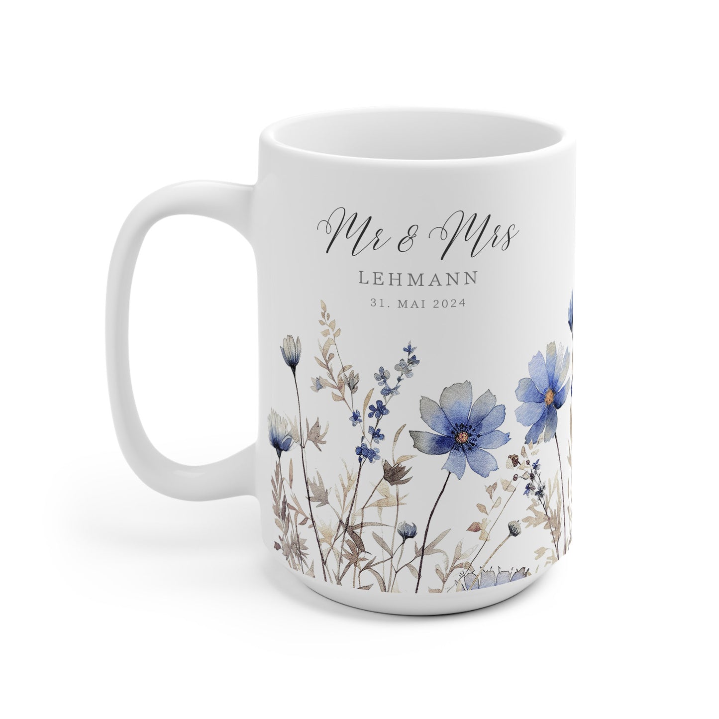 Blaue Wildblumen Hochzeitstasse mit Name – personalisierte Tasse zur Hochzeit oder Verlobung
