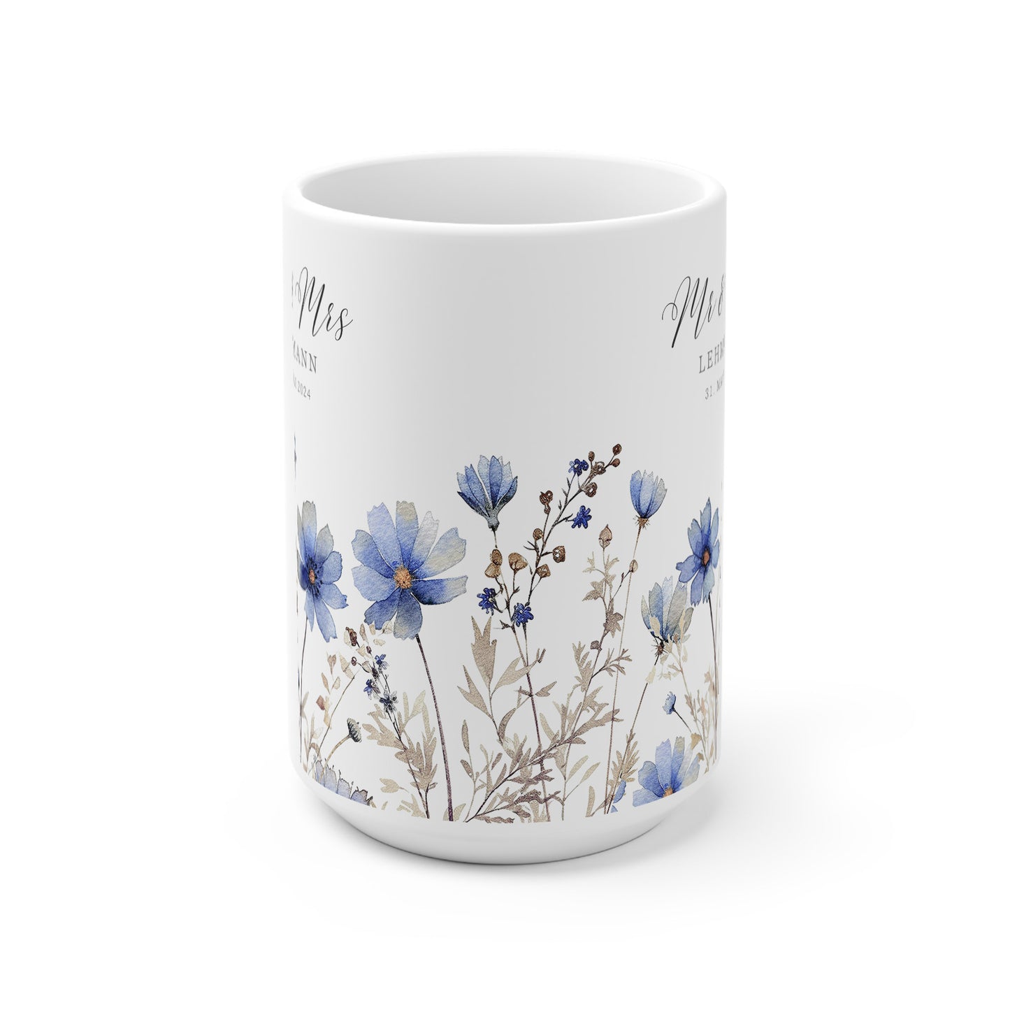Blaue Wildblumen Hochzeitstasse mit Name – personalisierte Tasse zur Hochzeit oder Verlobung