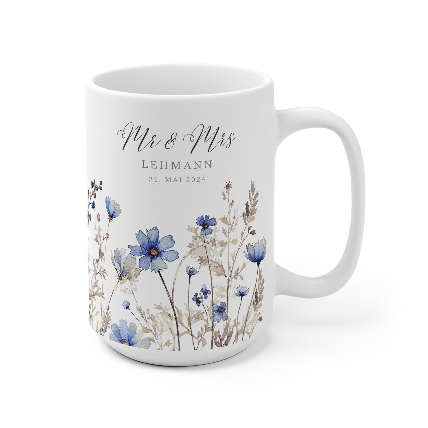 Blaue Wildblumen Hochzeitstasse mit Name – personalisierte Tasse zur Hochzeit oder Verlobung