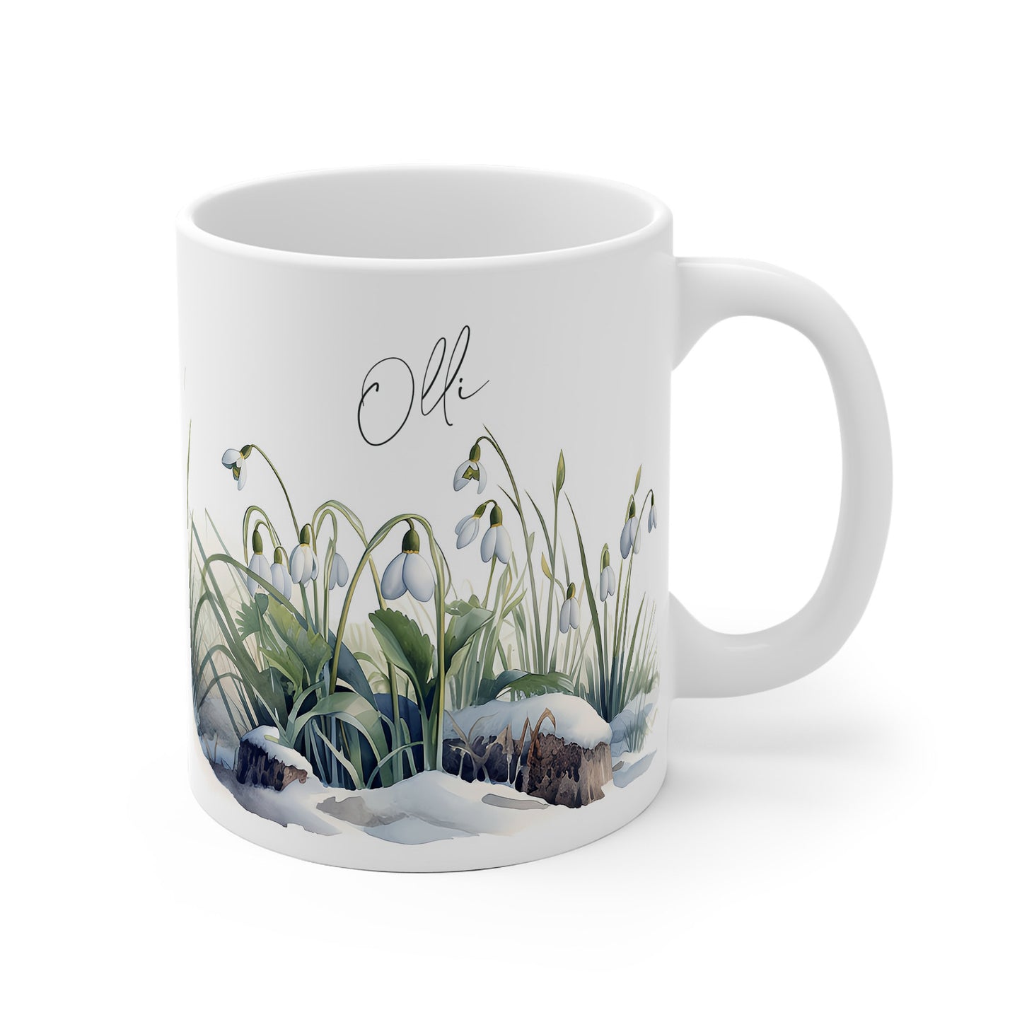 Keramiktasse mit winterlichem Aquarellmotiv aus Schneeglöckchen – personalisierbar mit Name – ideales Männergeschenk zum Vatertag oder für Papa