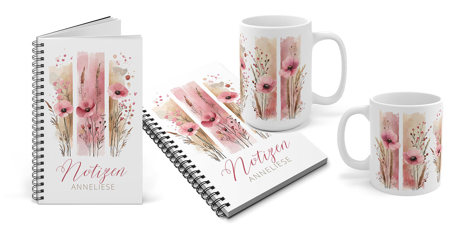Geschenkset mit Tasse und Notizbuch im floralem, rosa Aquarell-Blumen-Design, Geschenkidee für Blumenliebhaber, zum Geburtstag oder als Weihnachtsgeschenk