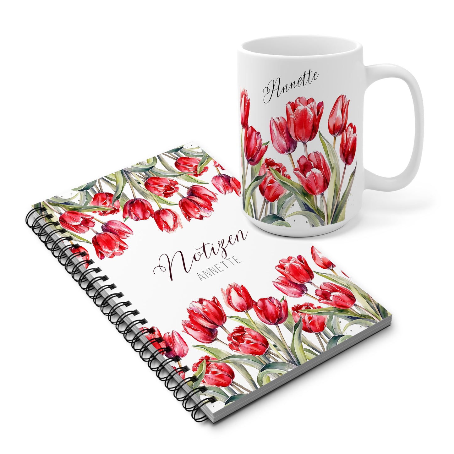 Notizbuch & Tasse mit roten Tulpen im Aquarellstil – individuell mit Name & Titel gestaltbar