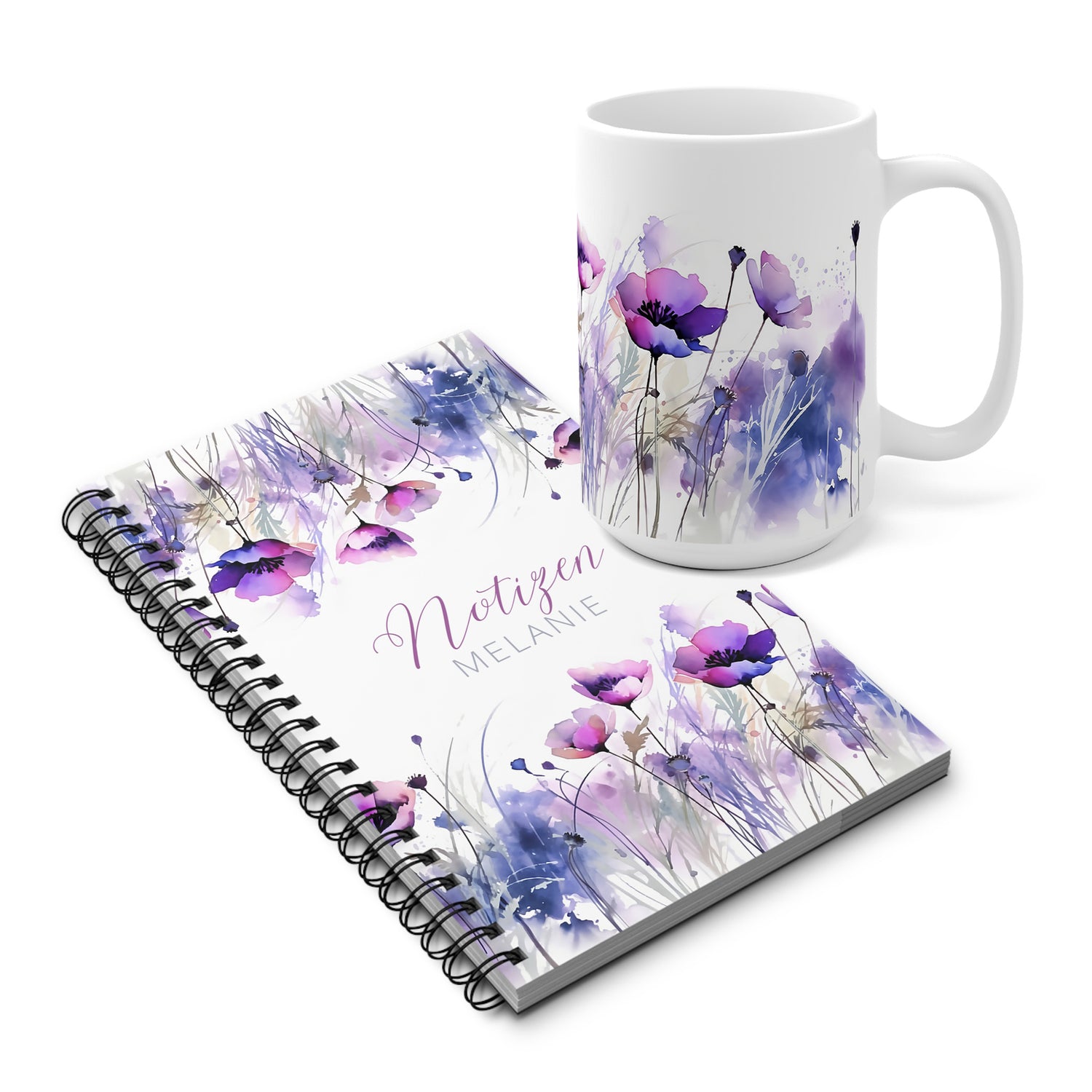 Notizbuch mit lila Aquarell-Illustration – florales Design, optional im Geschenkset mit passender Tasse