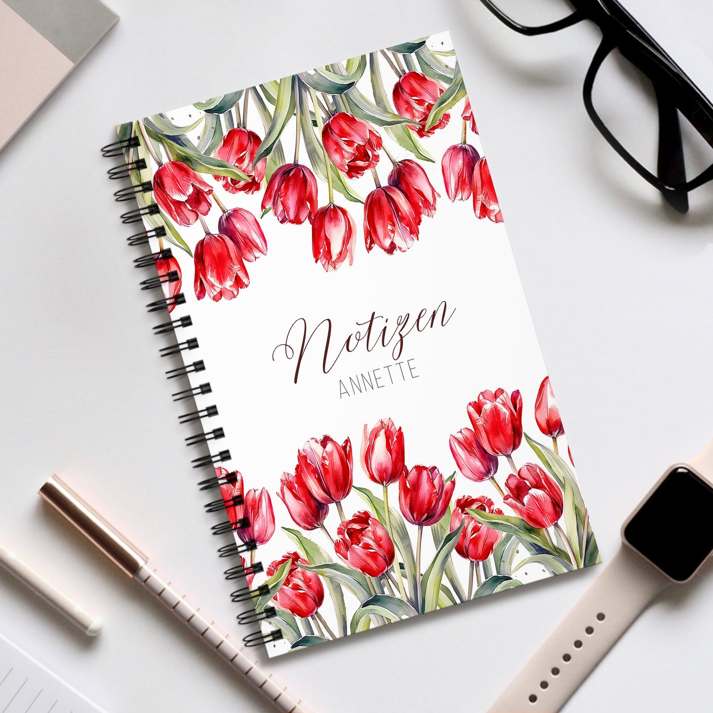 Geschenkset aus Notizbuch & Tasse mit roten Tulpen – personalisierbar