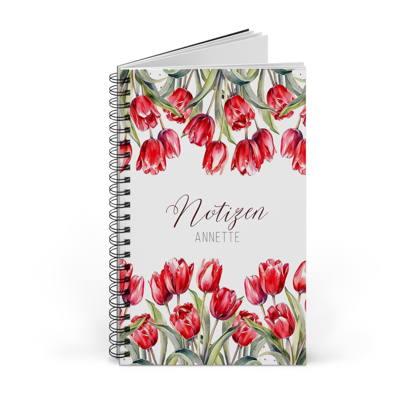 Geschenkset aus Notizbuch & Tasse mit roten Tulpen – personalisierbar