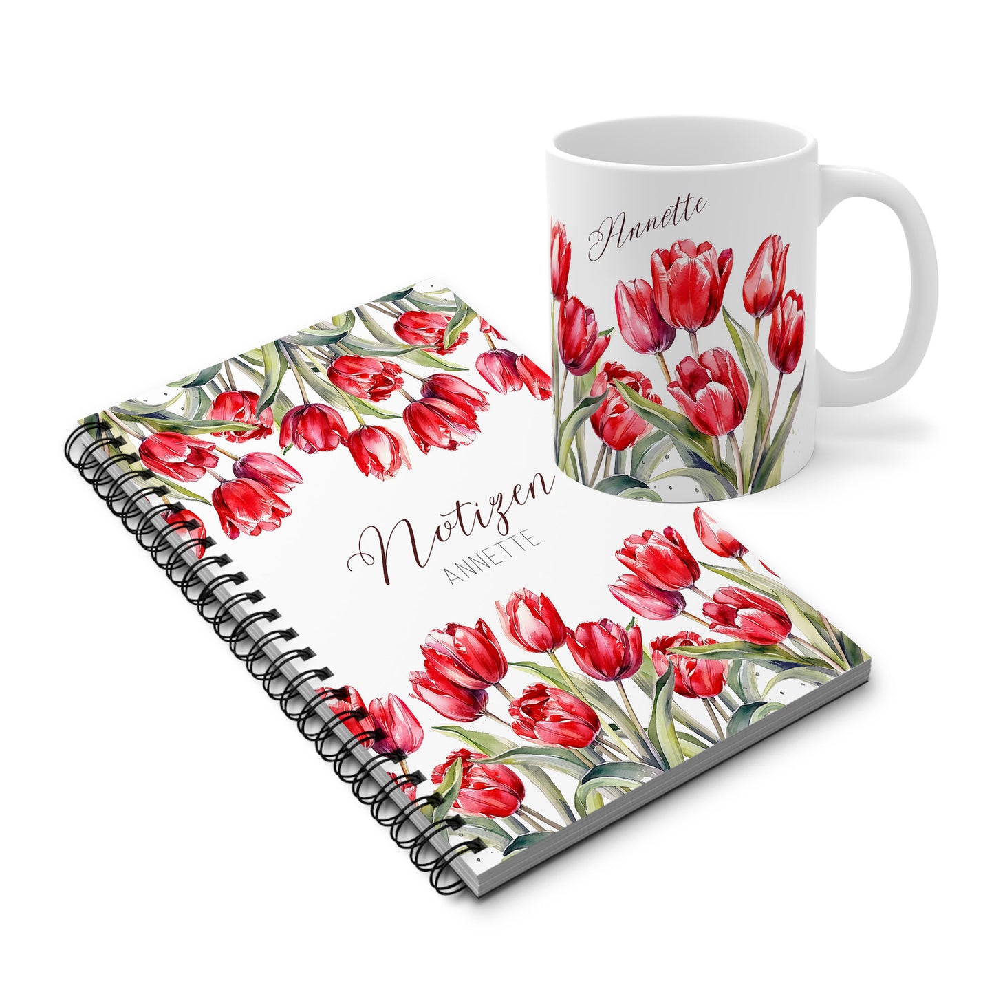 Geschenkset aus Notizbuch & Tasse mit roten Tulpen – personalisierbar