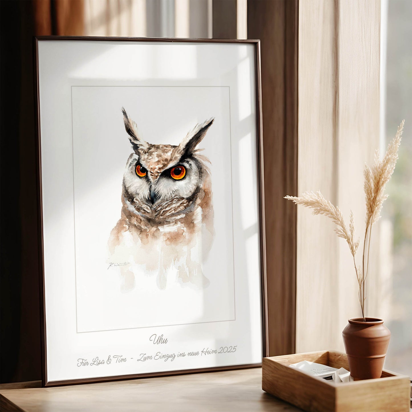 Uhu Aquarell Kunstdruck – Kraftvoller Wächter der Dämmerung