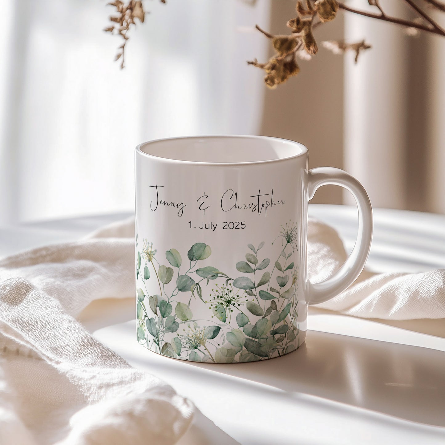 Verlobungstasse mit Name & Datum – personalisierte Aquarelltasse als Erinnerung an den Antrag