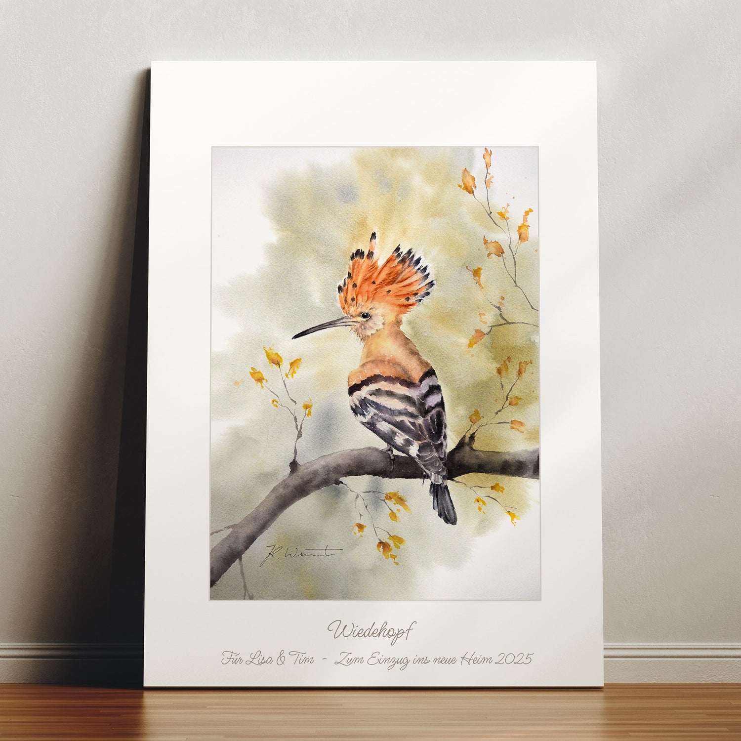Hochwertiger Giclée Kunstdruck eines handgemalten Vogel-Aquarells – Naturmotiv "Wiedehopf" auf Hahnemühle Papier