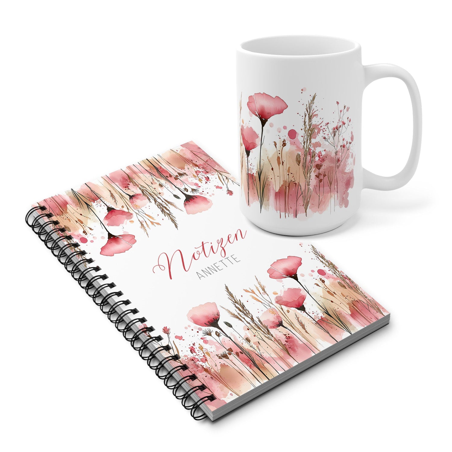 Personalisiertes Geschenkset mit floraler Tasse und Notizbuch – rosa Wildblumen im Aquarellstil, Name „Annette“, ideal für Frauen, als Geschenk zu Geburtstag, Weihnachten oder Muttertag. Erhältlich mit 11 oz oder 15 oz Tasse.