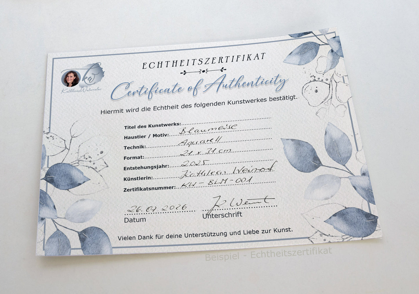 Beispiel Echtheitszertifikat für Original Aquarelle von KathleensWatercolor der Künstlerin Kathleen Weinert