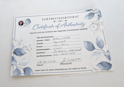 Beispiel Echtheitszertifikat für Original Aquarelle von KathleensWatercolor der Künstlerin Kathleen Weinert