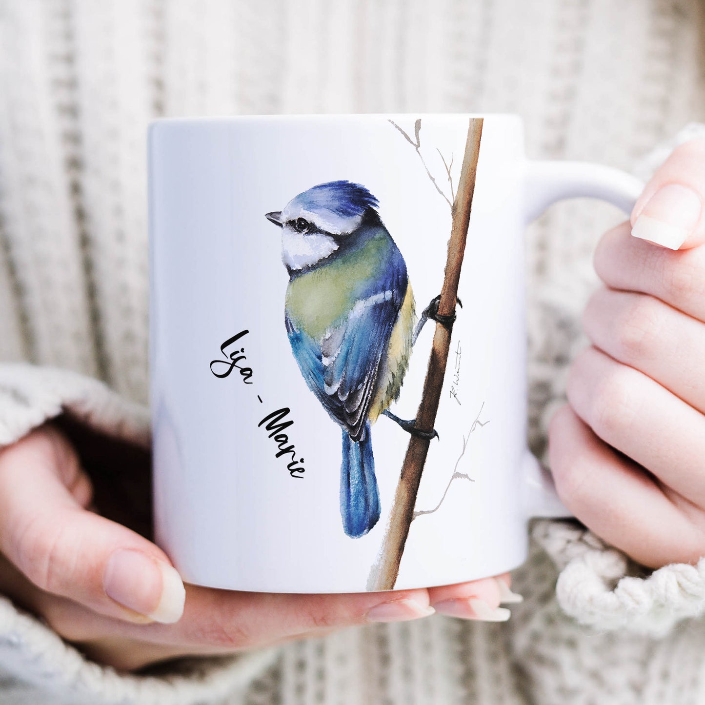 Blaumeise Tasse mit Name – handgemaltes Aquarellmotiv (11 oz & 15 oz)