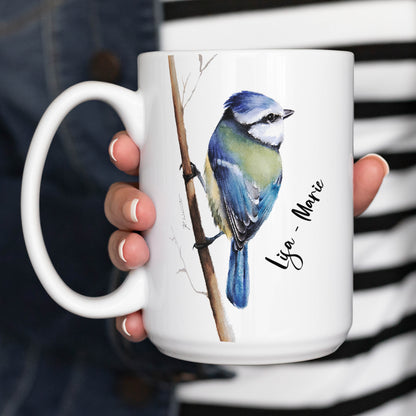 Blaumeise Tasse mit Name – handgemaltes Aquarellmotiv (11 oz & 15 oz)