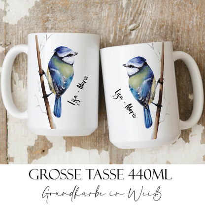 Blaumeise Tasse mit Name – handgemaltes Aquarellmotiv (11 oz & 15 oz)