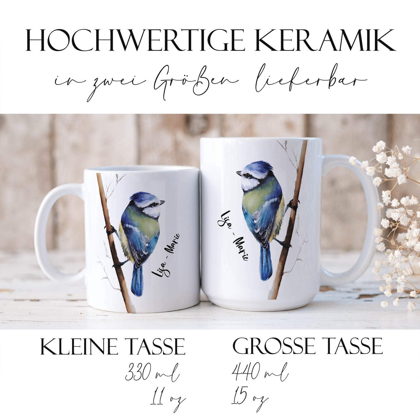 Blaumeise Tasse mit Name – handgemaltes Aquarellmotiv (11 oz & 15 oz)