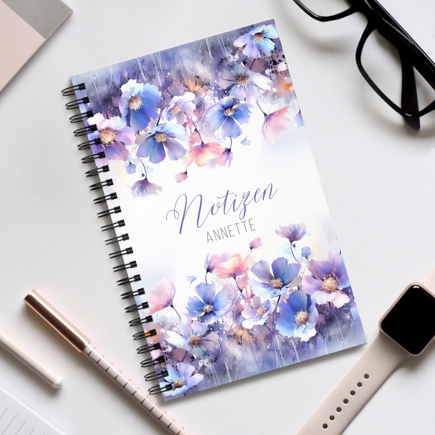 Notizbuch & Tasse im Set – fliederfarbene Aquarell-Wildblumen – mit Personalisierung