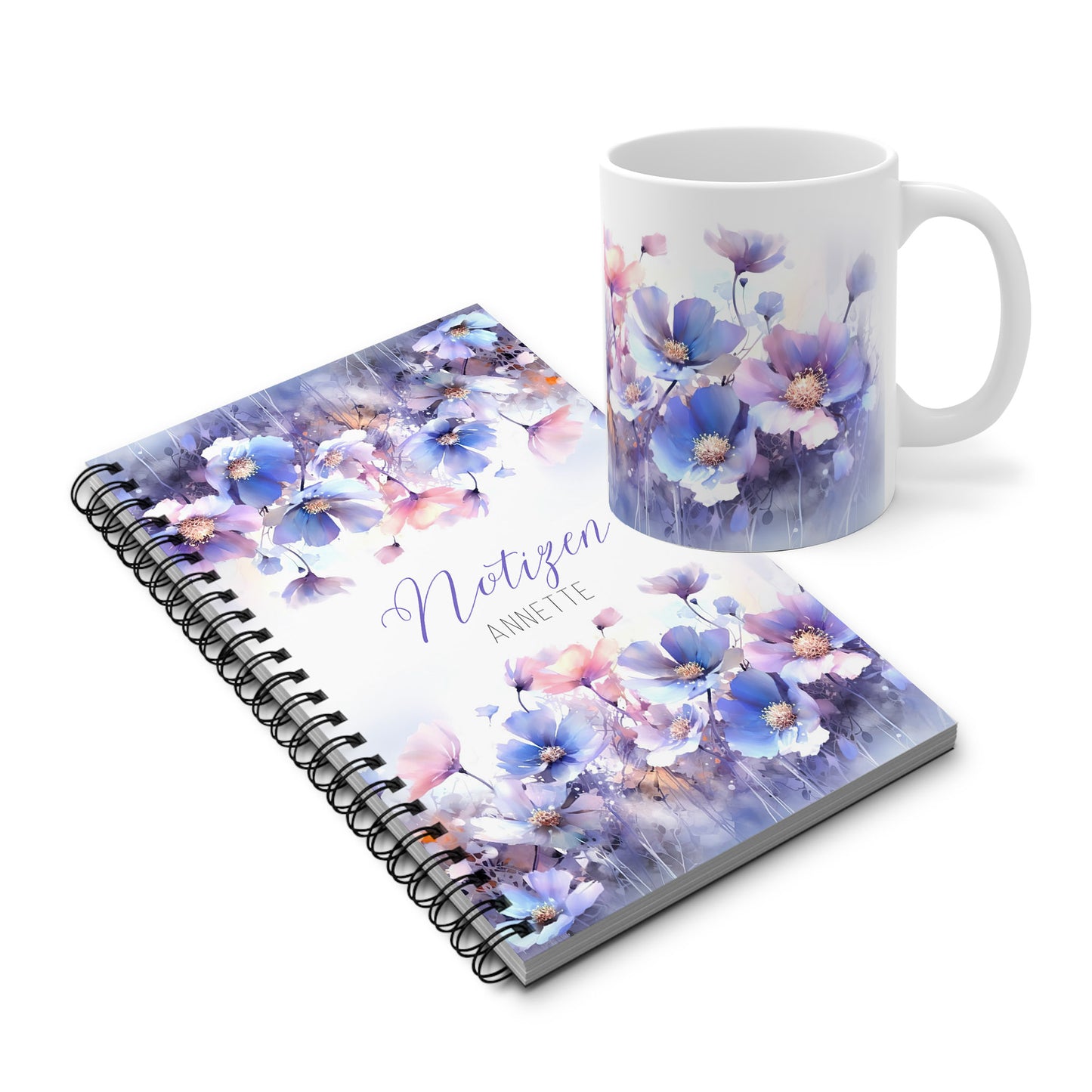 Notizbuch & Tasse im Set – fliederfarbene Aquarell-Wildblumen – mit Personalisierung