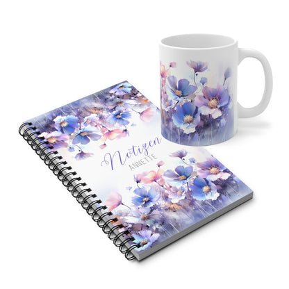 Notizbuch & Tasse im Set – fliederfarbene Aquarell-Wildblumen – mit Personalisierung