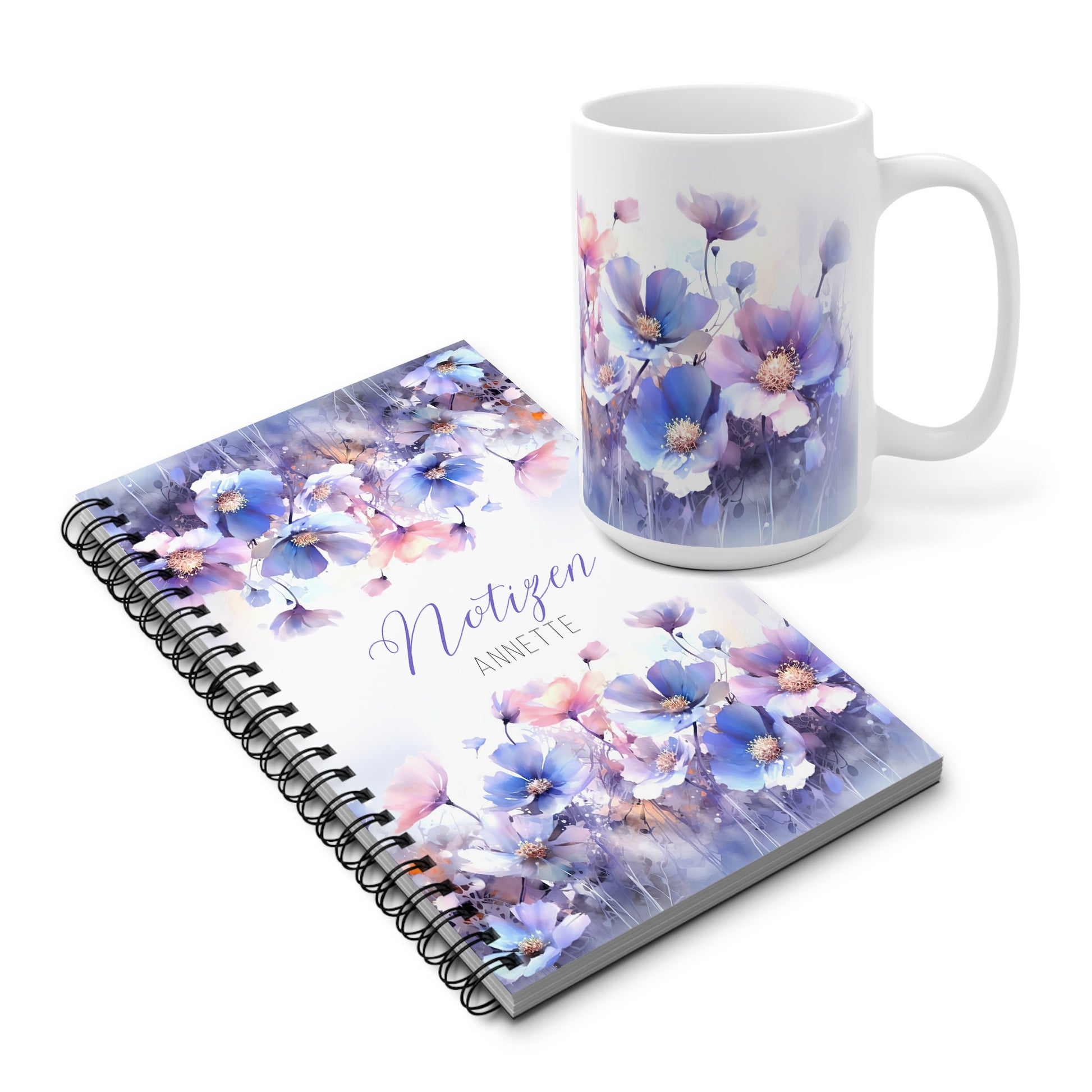 Set aus Tasse und Notizbuch mit fliederfarbenen Wildblumen – personalisierbares Geschenk im 