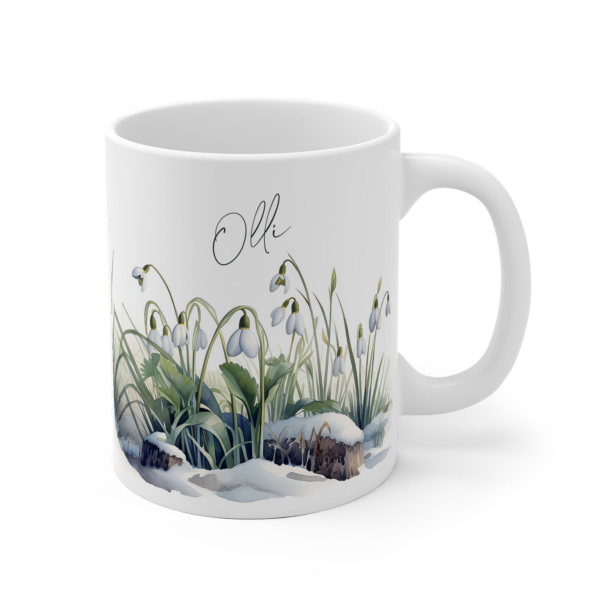 Keramiktasse mit winterlichem Aquarellmotiv aus Schneeglöckchen – personalisierbar mit Name – ideales Männergeschenk zum Vatertag oder für Papa