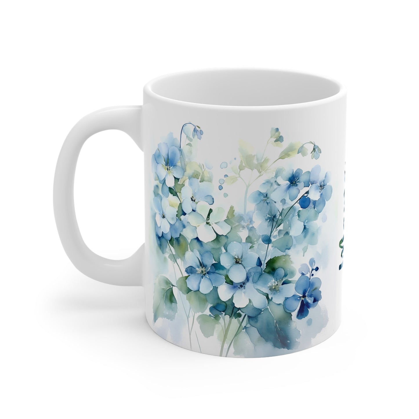 Blaue Wildblumen Tasse mit senkrechtem Namen – Muttertagstasse mit Aquarellmotiv – personalisiert 11 oz / 15 oz