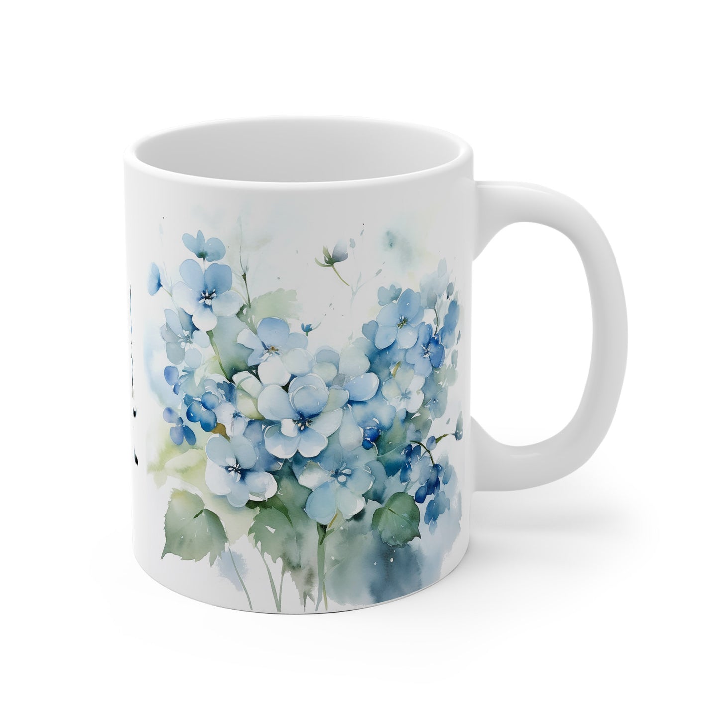 Blaue Wildblumen Tasse mit senkrechtem Namen – Muttertagstasse mit Aquarellmotiv – personalisiert 11 oz / 15 oz