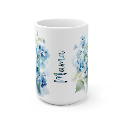 Blaue Wildblumen Tasse mit senkrechtem Namen – Muttertagstasse mit Aquarellmotiv – personalisiert 11 oz / 15 oz