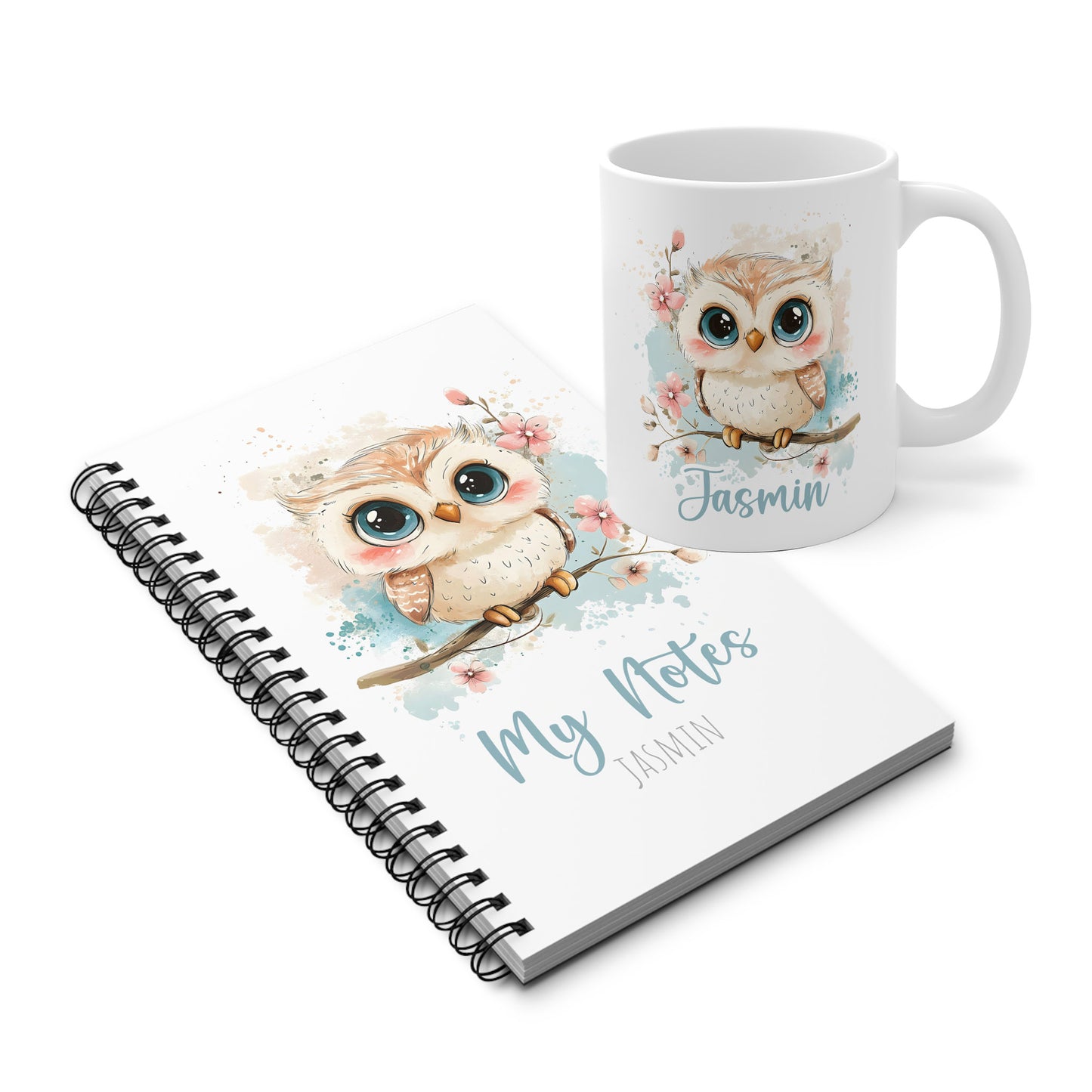 Eulen-Set mit Notizbuch & Tasse – Rosa Eule & Blütenzweig