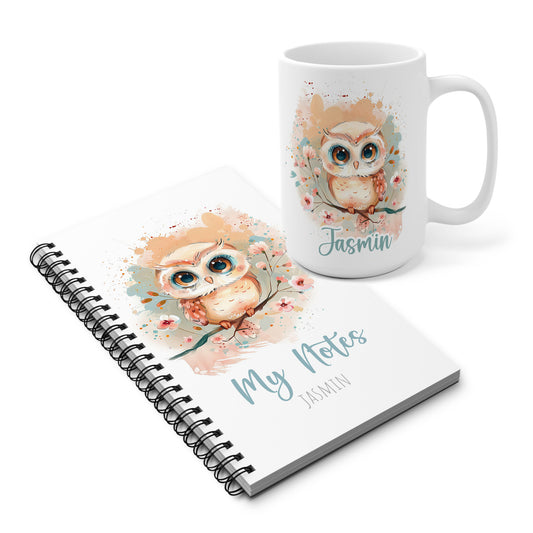 Set mit orangefarbener Aquarell-Eule auf Blütenzweig – Tasse & Notizbuch mit Namen personalisiert, Geschenk für Mamas, Kolleginnen oder Naturfreund:innen