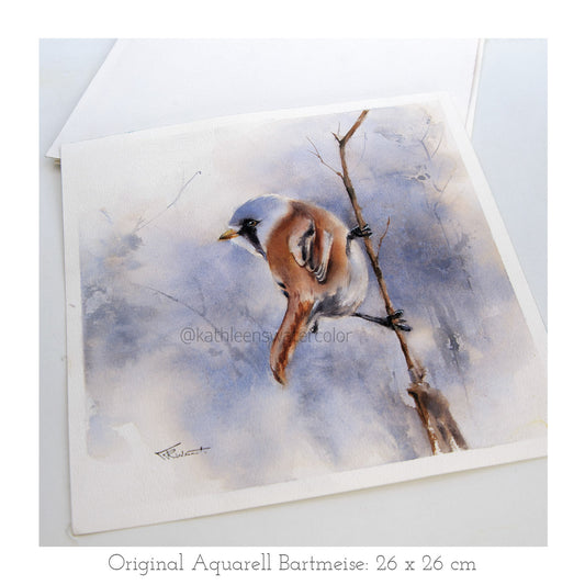 Handgemaltes Bartmeise Original Aquarell von KathleensWatercolor, Größe 26x26 cm