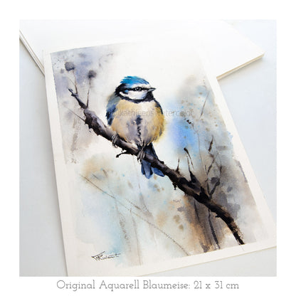 Handgemaltes Blaumeise Original Aquarell von KathleensWatercolor, Größe 21x31 cm