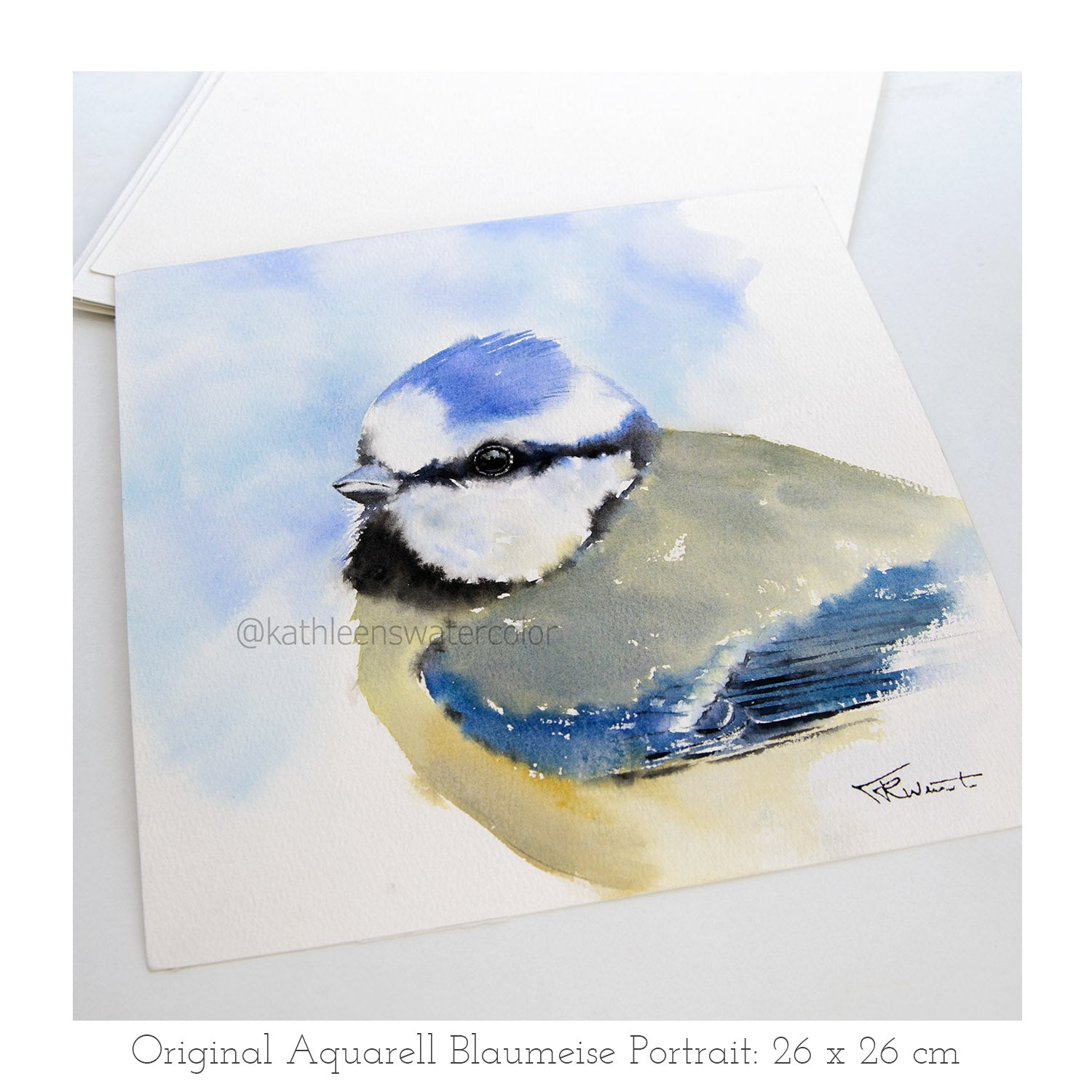Handgemaltes Blaumeise Original Aquarell von KathleensWatercolor, Größe 26x26 cm