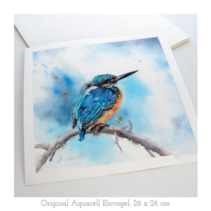 Handgemaltes Eisvogel Original Aquarell von KathleensWatercolor, Größe 26x26 cm