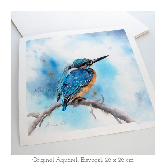 Handgemaltes Eisvogel Original Aquarell von KathleensWatercolor, Größe 26x26 cm