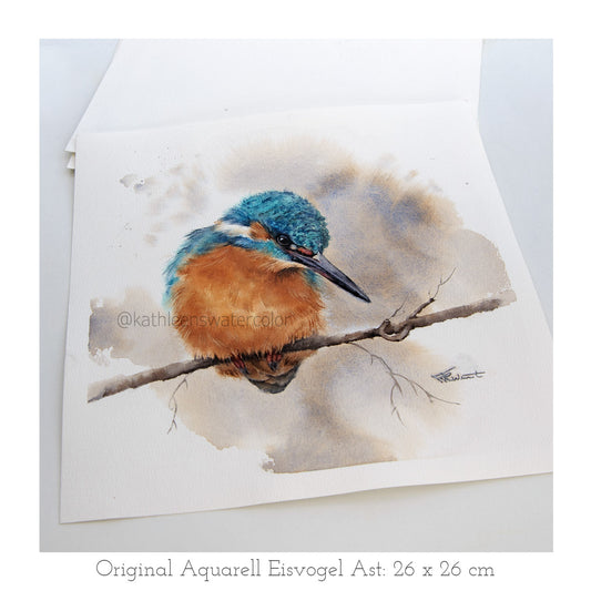 Handgemaltes Eisvogel Original Aquarell von KathleensWatercolor, Größe 26x26 cm