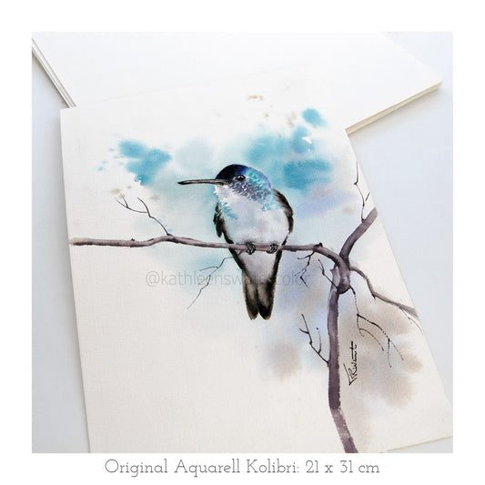 Handgemaltes Kolibri Original Aquarell von KathleensWatercolor, Größe 21x31 cm
