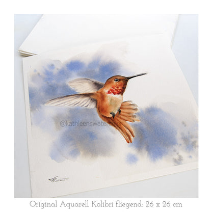 Handgemaltes Kolibri Original Aquarell von KathleensWatercolor, Größe 26x26 cm