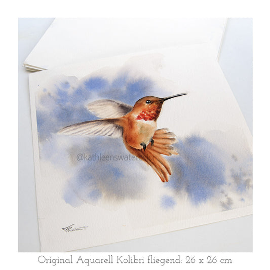 Handgemaltes Kolibri Original Aquarell von KathleensWatercolor, Größe 26x26 cm