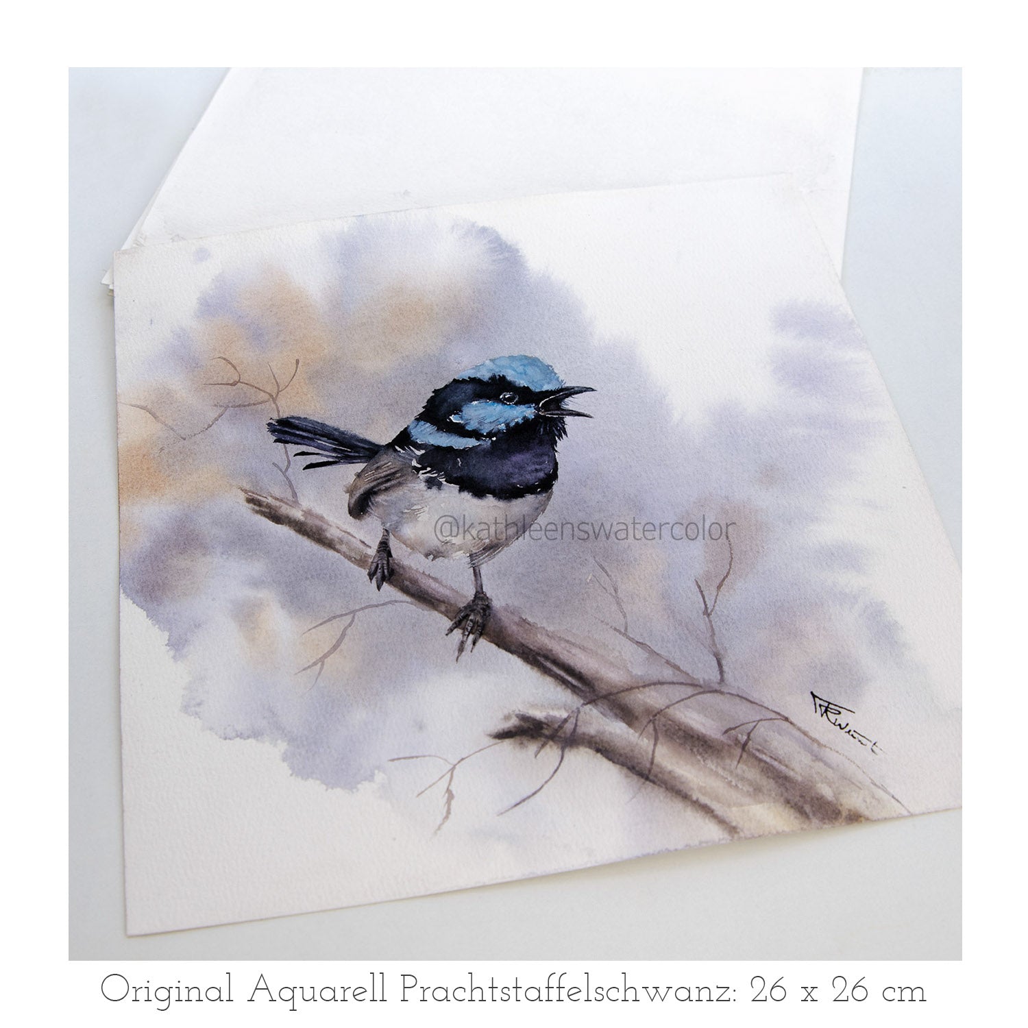 Handgemaltes Prachtstaffelschwanz Original Aquarell von KathleensWatercolor, Größe 26x26 cm
