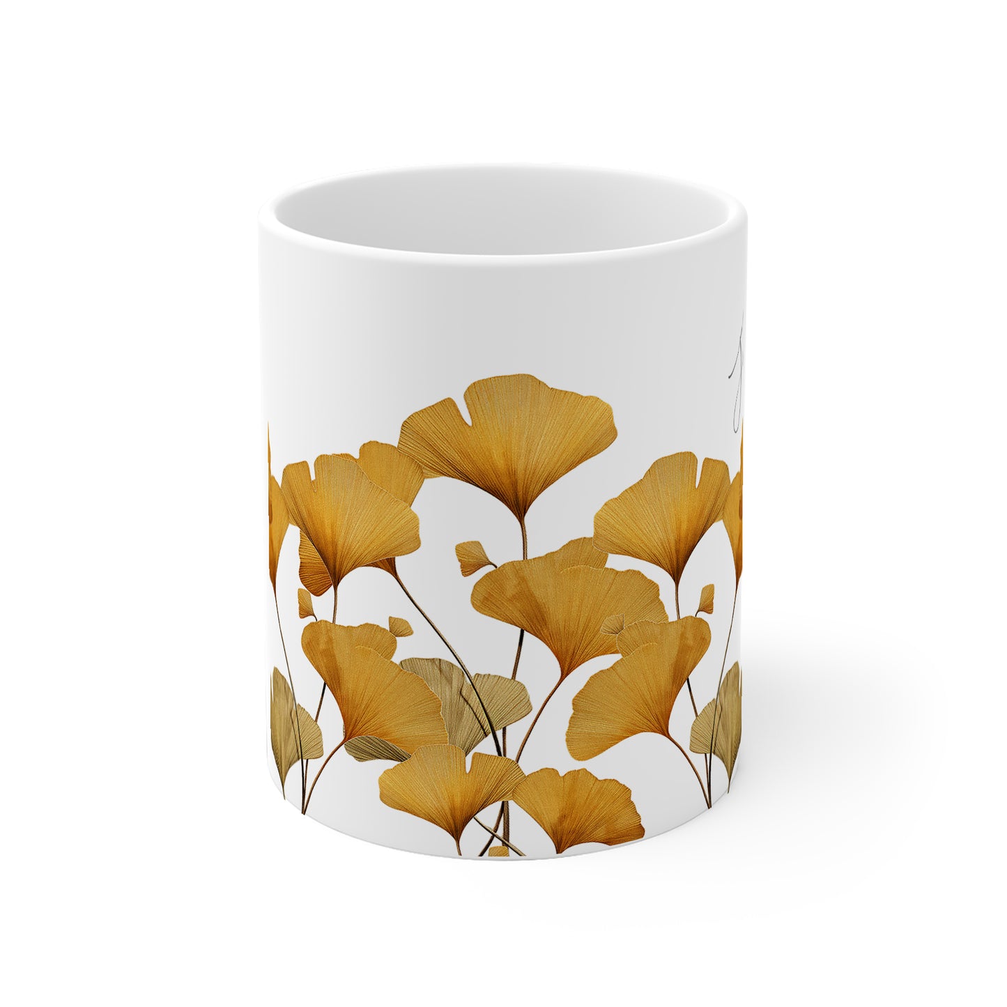 Personalisierte Aquarelltasse mit gelben Ginkgo Blättern - Stirnseite mit Name kleine Tasse 330 ml