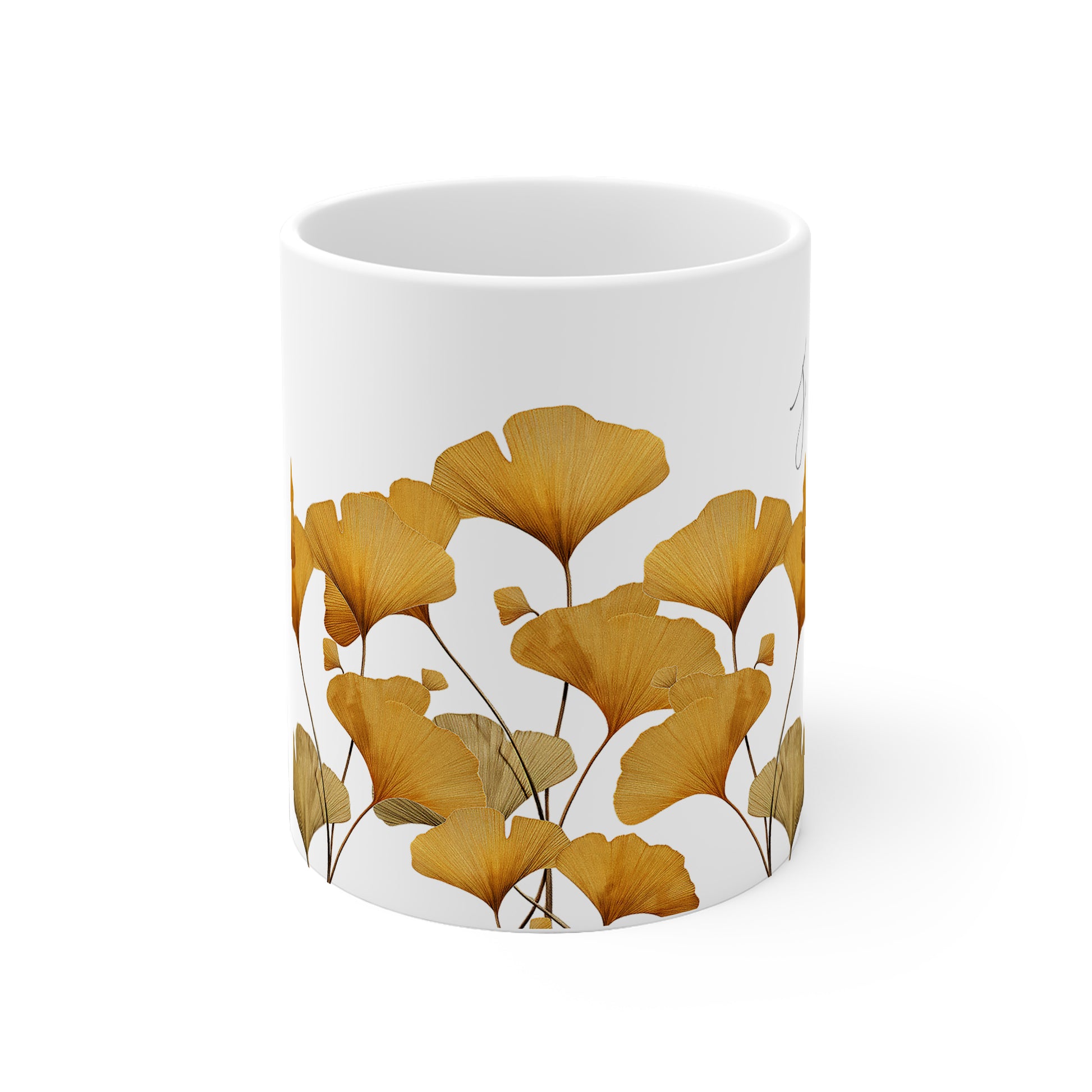 Personalisierte Aquarelltasse mit gelben Ginkgo Blättern - Stirnseite mit Name kleine Tasse 330 ml