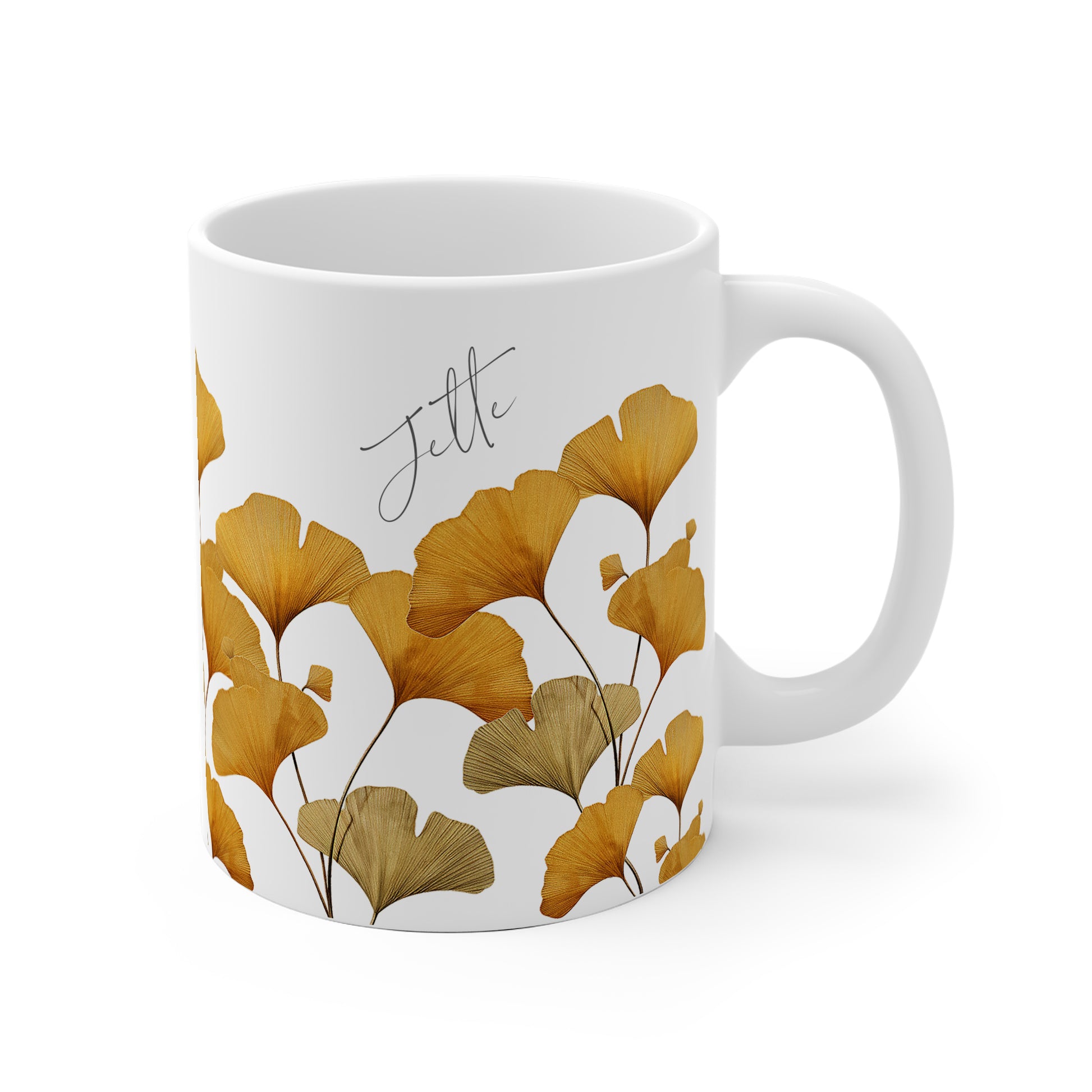 Personalisierte Aquarelltasse mit gelben Ginkgo Blättern - Frontansicht mit Name kleine Tasse 330 ml